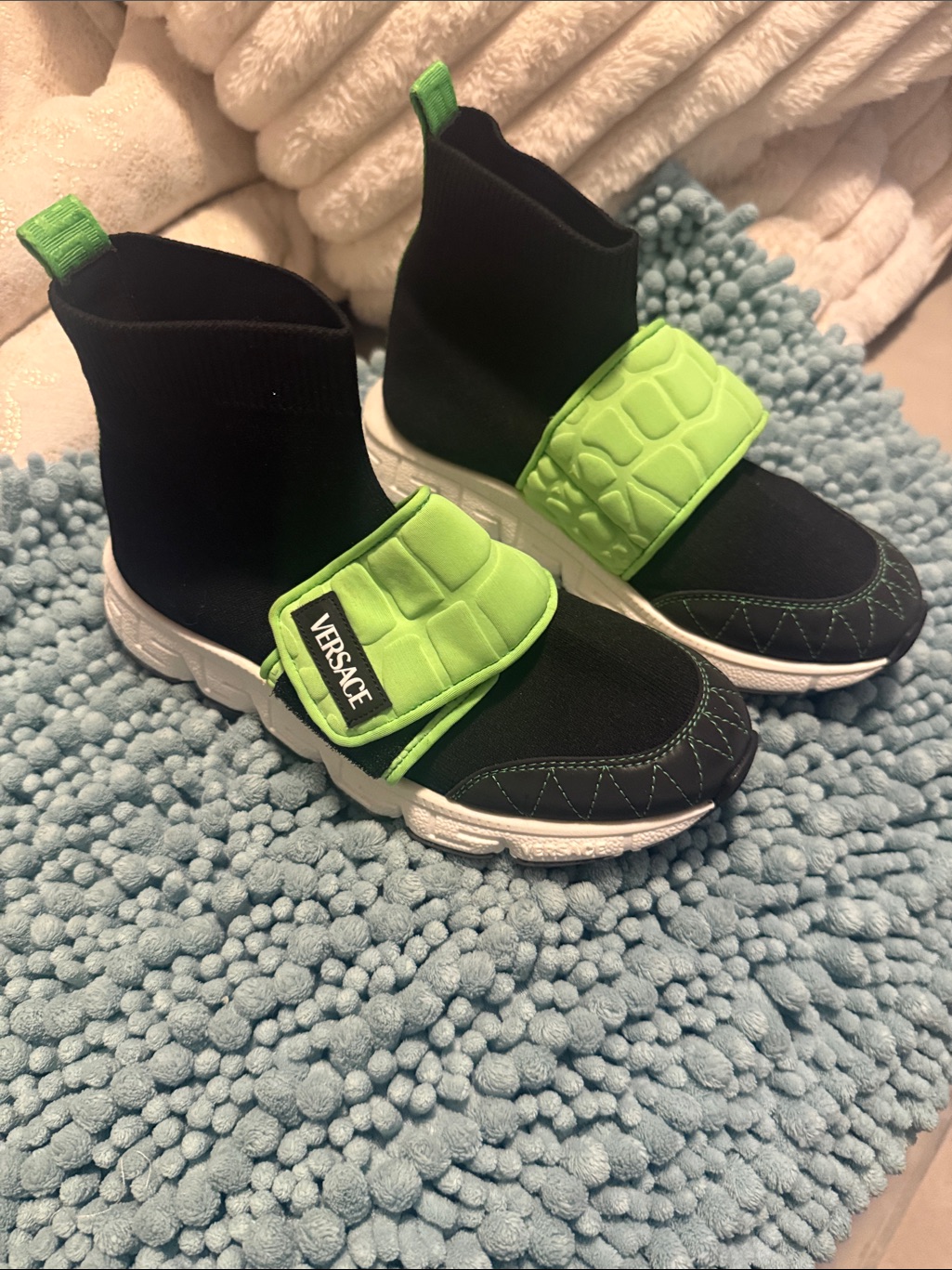 Versace Kids Black And Neon Green Quilted Strap Sock Boots